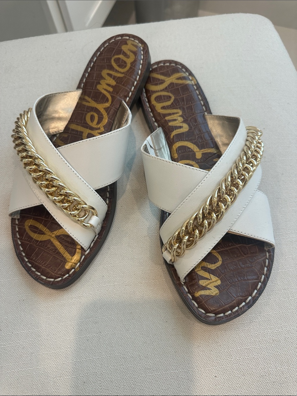 Sam Edelman White Leather Slide Sandals with Gold Chain